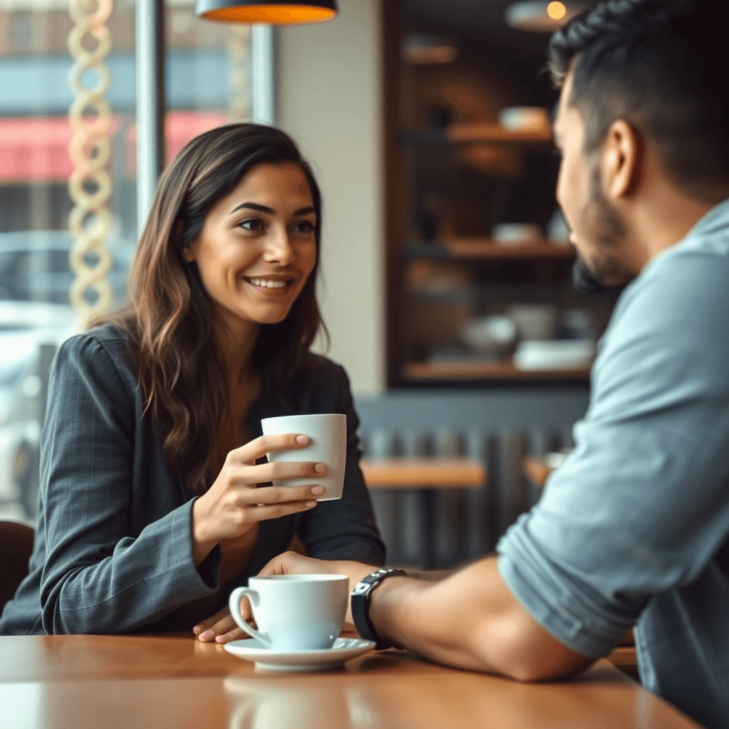 Two people sitting at a coffee shop table discussing an idea